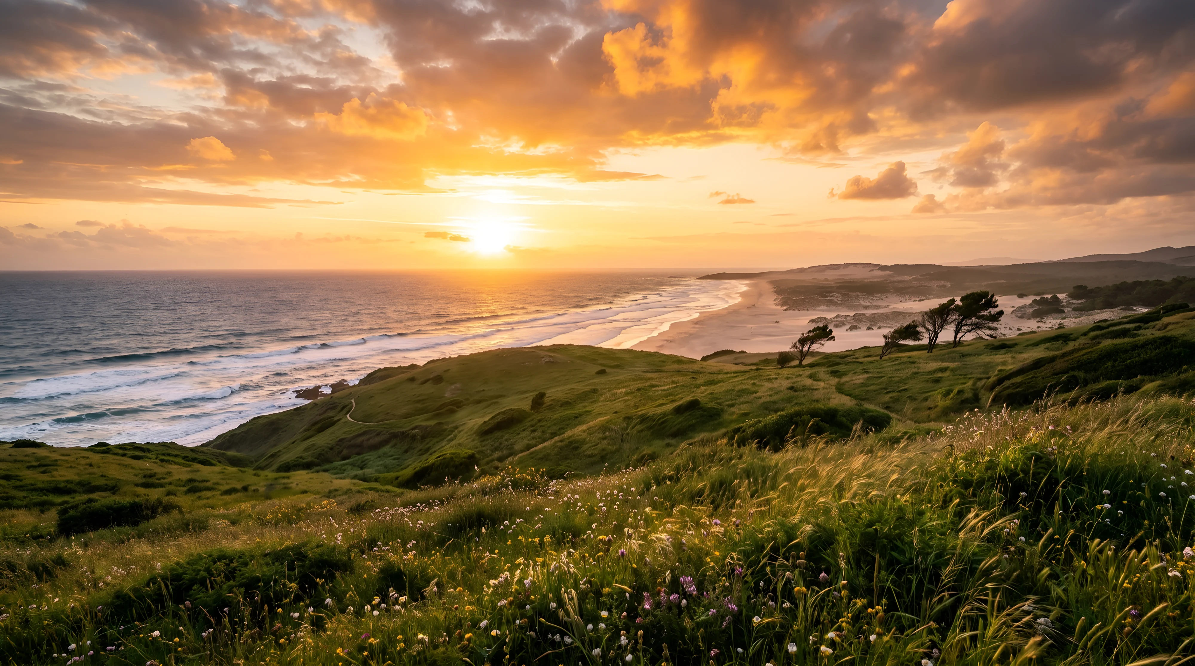 The Atlantic coast at sunset, looking along the shore