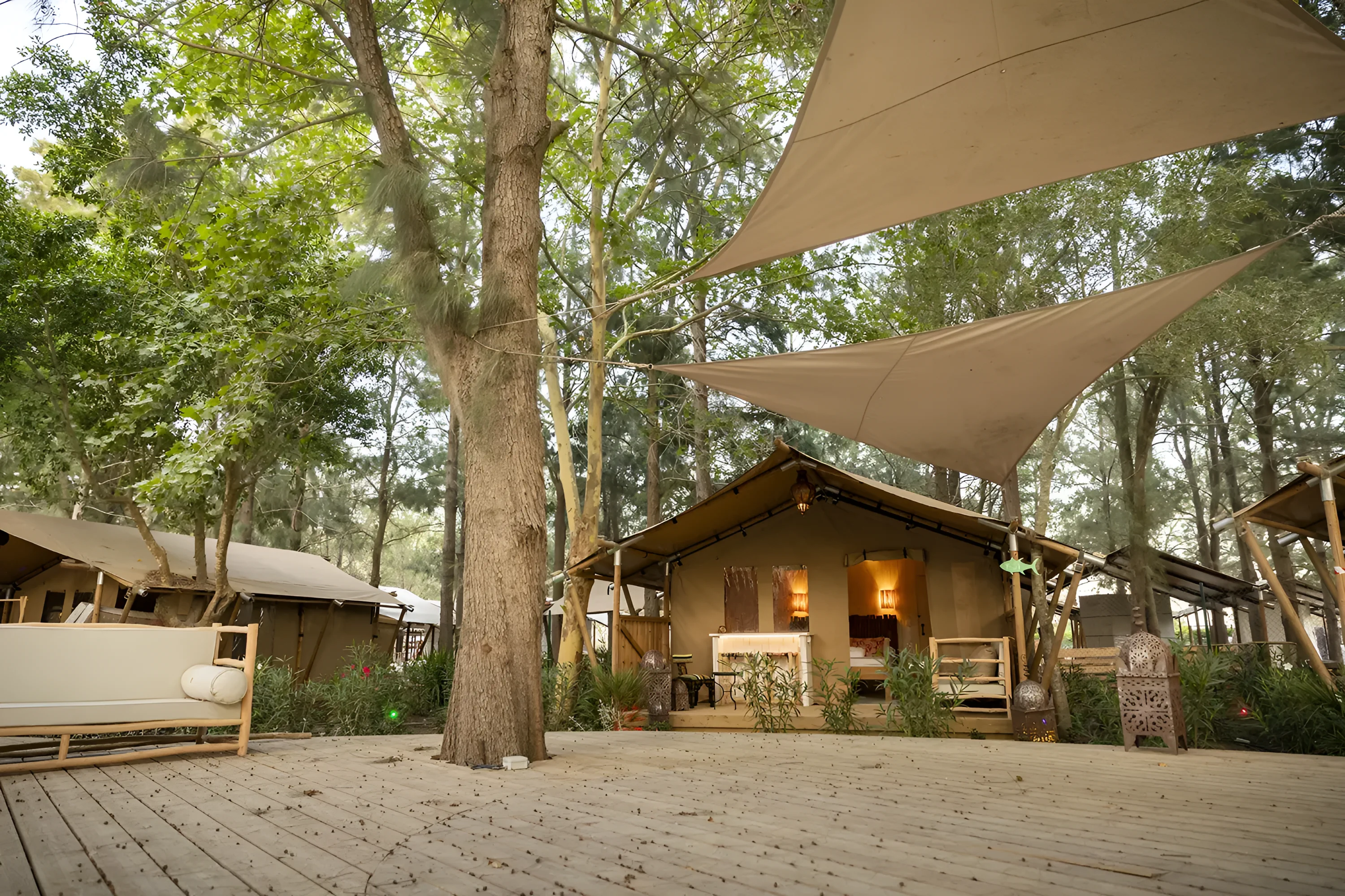 The meditation platform and sun deck among the lodges