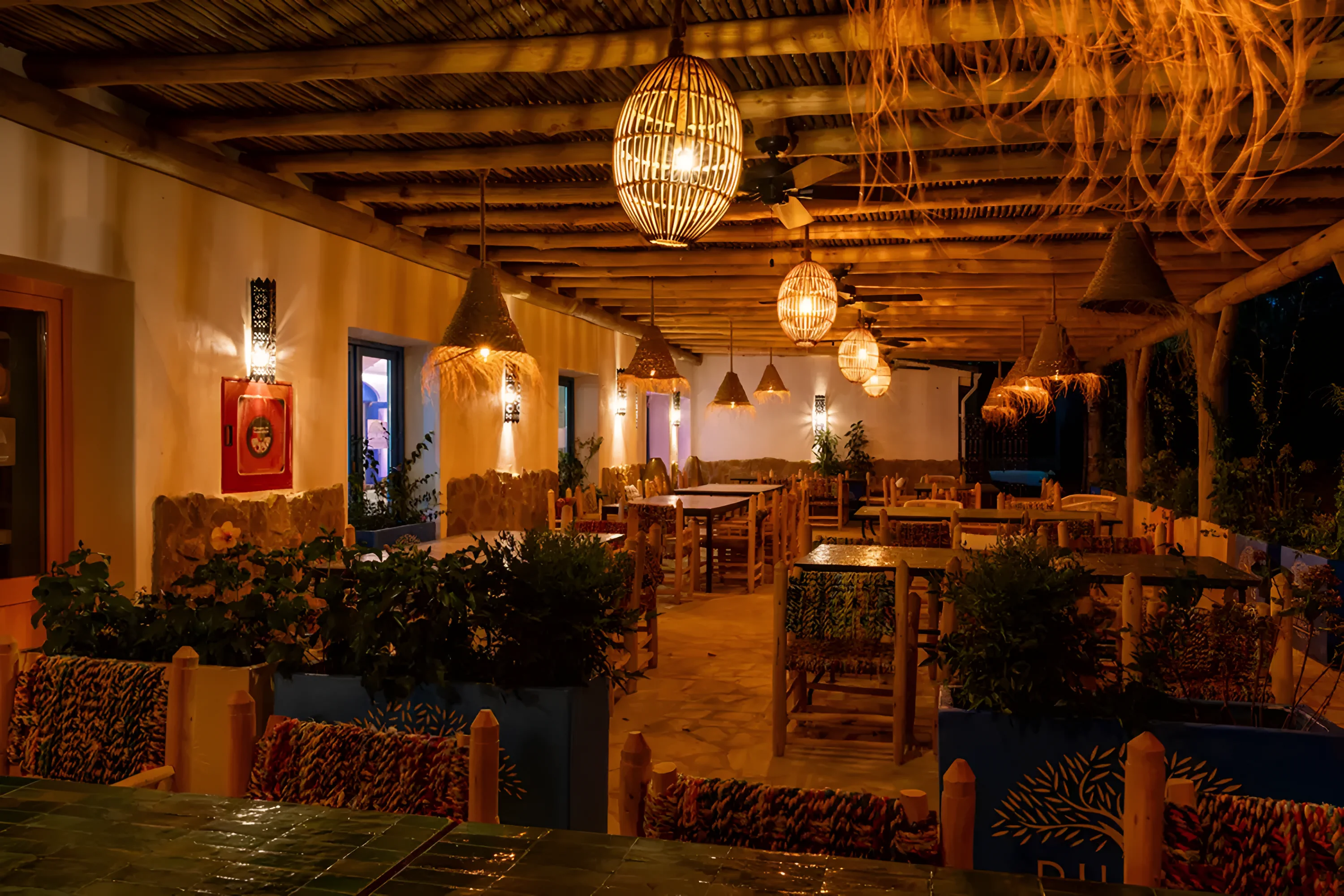 The restaurant garden at Dunas, lit for the evening